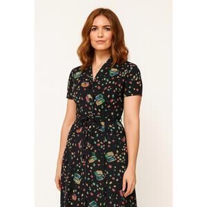 HVN Silk Treasure Chest Print Dress Vintage Inspired Belted Collared Size 4